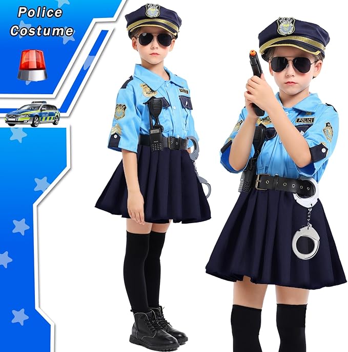 Police Costume for Girls Kid Halloween Costumes Police Officer Cosplay Outfit Toddler Cop Costume Set with Accessories