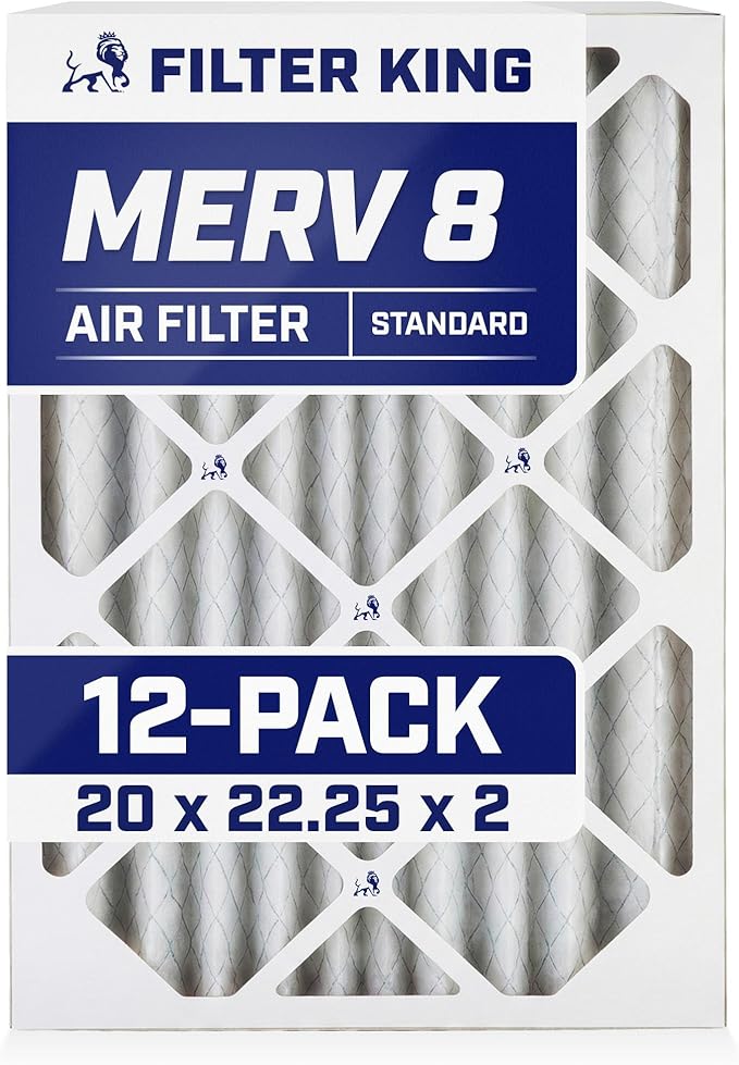 Filter King 20x22.25x2 Air Filter (MERV 8) (12-Pack) Dust & Allergy Control AC Furnace Filters, MADE IN USA, HVAC, Pleated, Electrostatic (Actual Size: 20 x 22.25 x 1.75)