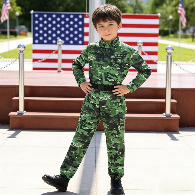 GRAJTCIN Kids Army Costume Long sleeve Halloween Party Military Soldier Dress Up Boys Costume for 4-14Y 11 PCS