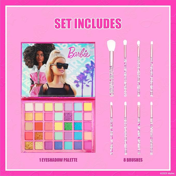 Barbie 35-Well Shadow Palette, Shimmery and Opaque Colors, Pigmented Blendable, 8 Application Brushes Ages 8+, by Townley Girl