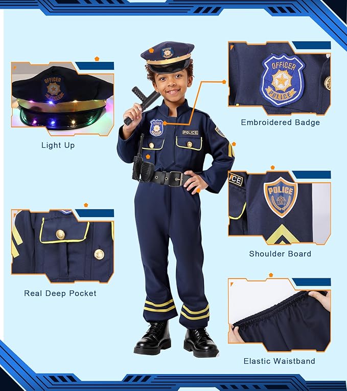 LOYO Police Costume for Kids - Boys Police Officer Costume with Light Up Hat, Halloween Kids Cop Uniform Dress Up Ages 3-12(XL,10-12 Years)