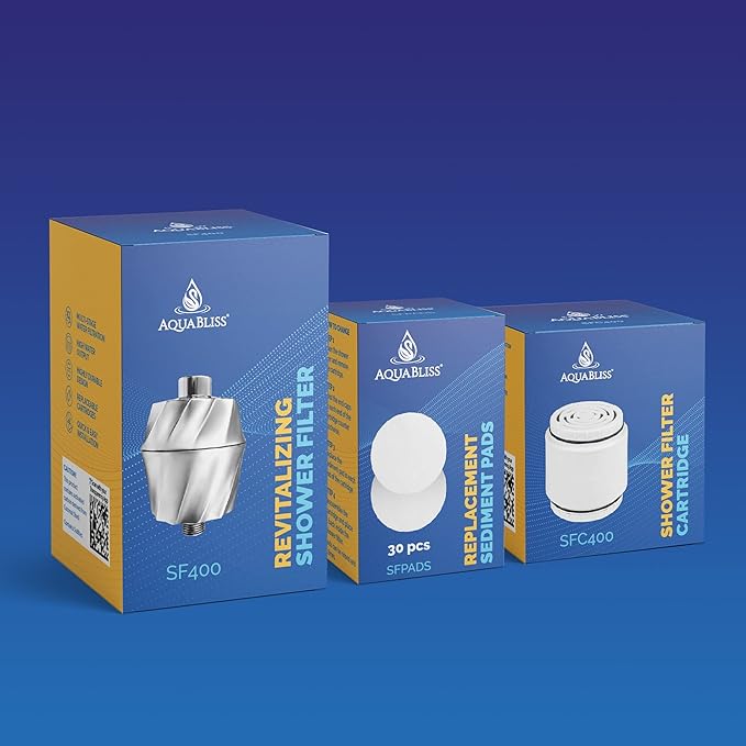 AquaBliss SF400 HD Revitalizing Shower Filter w/an Extra SFC400 Filter Cartridges & 30pc Pack of Sediment Pads (Exclusive Bundle)