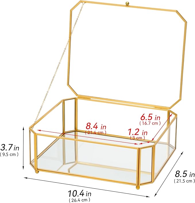 Large Glass Boxes for Display Handmade, Mirrored Bottom, Glass Jewelry Box with Lid, Trinket Box Book Photo Keepsake Organizer, Display Case for Vanity Decor Home Dresser, Octagon, Gold