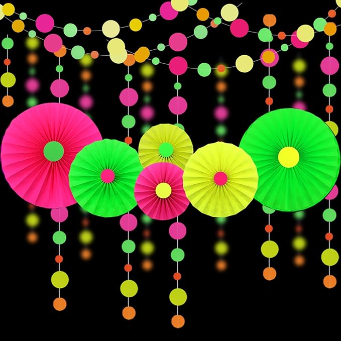 6Pcs UV Neon Hanging Paper Fans - Flowers Glow Paper Fans - Party Supplies and Decorations - Glow in The Dark Blacklight Reactive Fluorescent Black Light Kit - Neon Party for Birthday Wedding