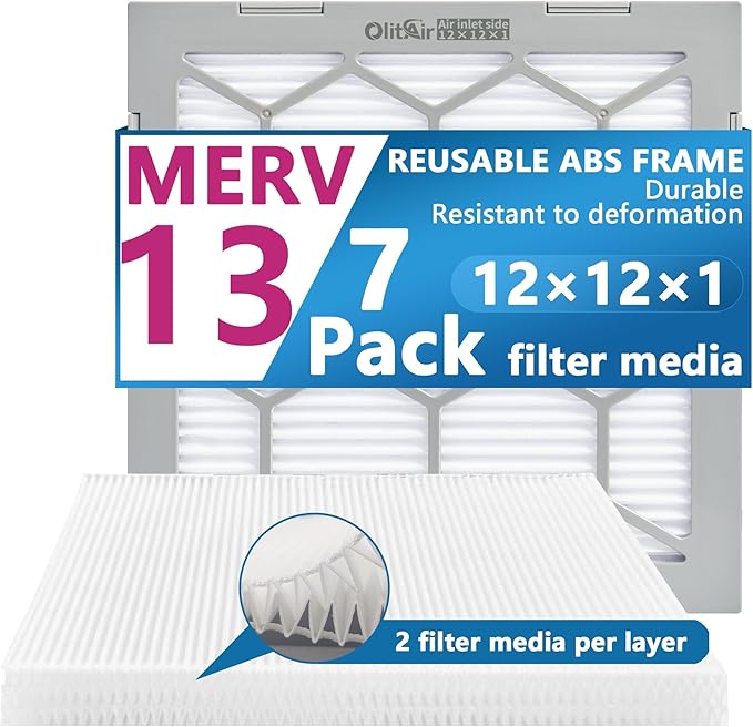 12x12x1 MERV 13 Air Filter,AC Furnace Air Filter,Reusable ABS Plastic Frame, 7 Pack Replaceable Filter Media (Actual Size: 11 3/4" x 11 3/4" x 3/4")