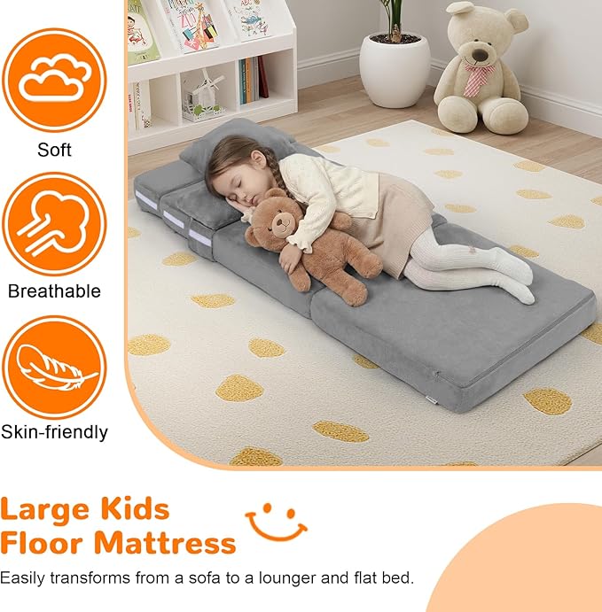 MeMoreCool Foldable Futon Chair Bed for Kids, Grey Tri-fold Convertible Toddler Sofa Mattress, Foam Floor Couch for Sitting