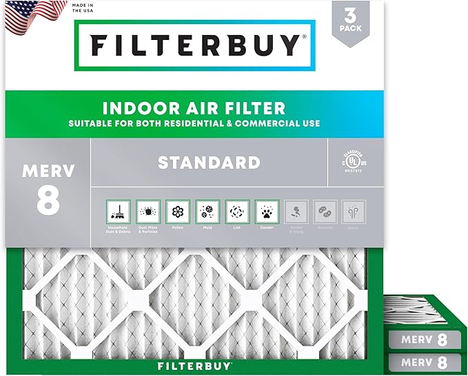 Filterbuy 19x19x1 Air Filter MERV 8 Essential Dust & Allergy Defense (3-Pack), Electrostatic Pleated HVAC AC Furnace Filters Replacement (Actual Size: 19.00 x 19.00 x 0.75)