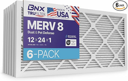 BNX TruFilter 12x24x1 Air Filter MERV 8 (6-Pack) - MADE IN USA – Dust & Pet Defense Electrostatic Pleated Air Conditioner HVAC AC Furnace Filters for Dust, Pet, Mold, Pollen MPR 600 – 700 & FPR 5