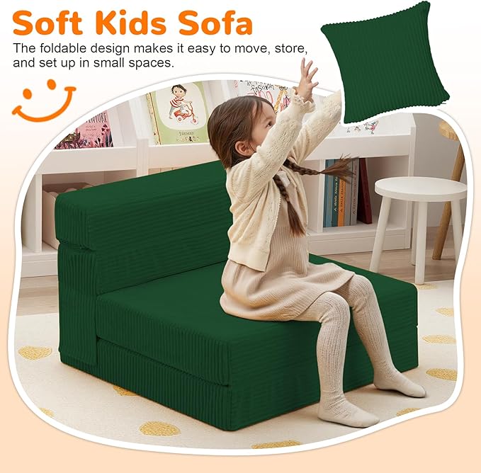 MeMoreCool Folding Sofa for Kids, Corduroy Fold Out Futon Chair, Small Foldable Floor Mattress, Portable Children Couch Sofa, Green