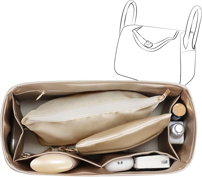 Silky Bag Insert Fit for Hermes Lindy 19/26, Silky Purse Organizer, Lightweight and Silk Touch (Fits Lindy 26, Champagne/Etoupe Grey)