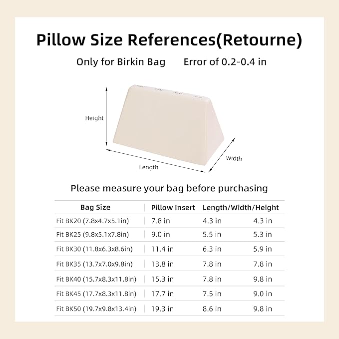 DGAZ Purse Pillow Shaper Insert,Luxury Handbag Tote Shapers, Memory Foam- Fits Birkin 20/25/30/35/40/45/50 Bag(Craie,BK25 Retourne)