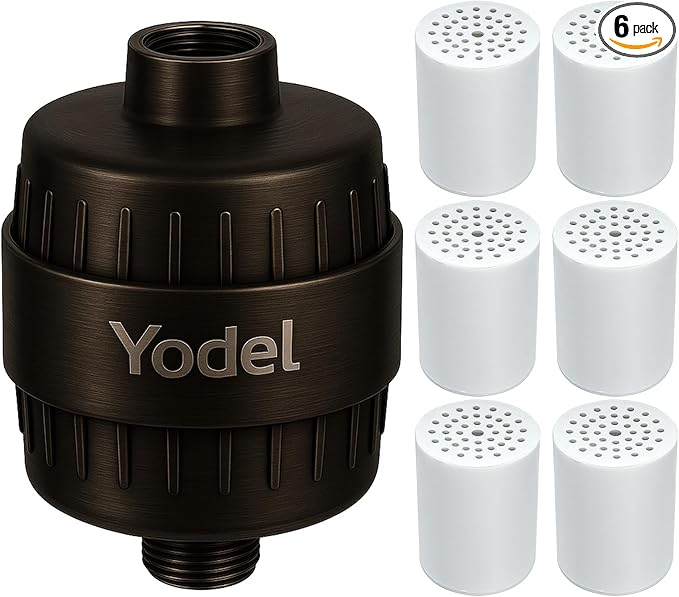 Yodel Oil Rubbed Bronze Shower Filter with 6 Cartridge - Hard Water Softener, 99% Removes Chlorine & Impurities, Improves Skin & Hair Condition, Universal Fit for Shower Heads