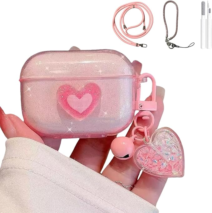 Compatible with AirPods Pro 1st/2nd Gen (2019-2023) Transparent Silicone Case, Cute Heart Design with Long Lanyard Keychain, Travel-Friendly Protective Cover for Women and Girls - Pink