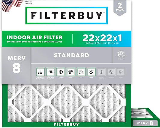 Filterbuy 22x22x1 Air Filter MERV 8 Essential Dust & Allergy Defense (2-Pack), Electrostatic Pleated HVAC AC Furnace Filters Replacement (Actual Size: 21.50 x 21.50 x 0.75)