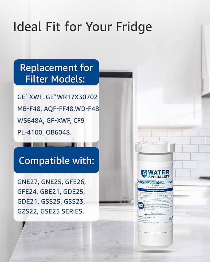 Waterspecialist XWF Replacement for GE® XWF, WR17X30702 Refrigerator Water Filter, NSF 42/372 Certified, Compatible with GE® GNE27, GFE26, GDE25, GSS25 Series Refrigerators, 3-Pack (Not XWFE®)
