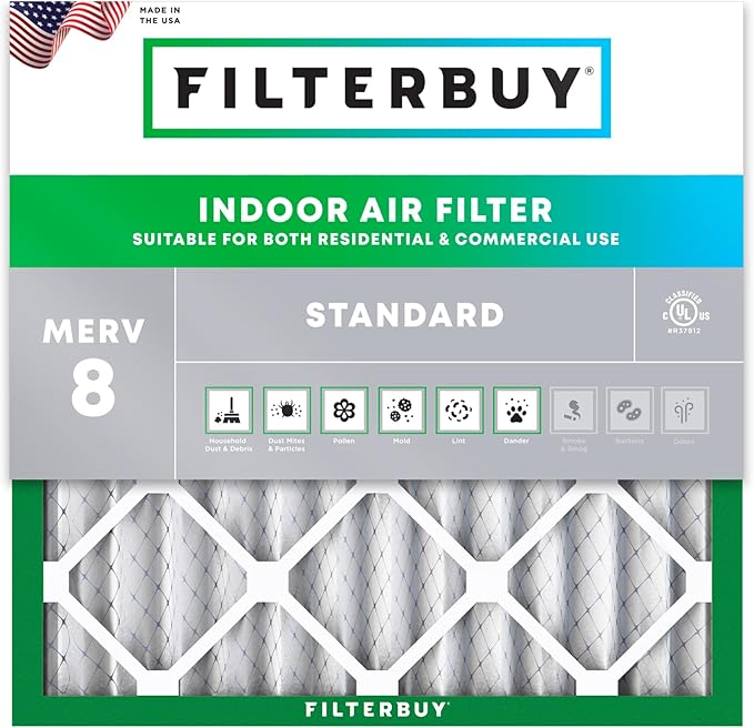 Filterbuy 18x18x2 Air Filter MERV 8 Essential Dust & Allergy Defense (1-Pack), Electrostatic Pleated HVAC AC Furnace Filters Replacement (Actual Size: 17.75 x 17.75 x 1.75)