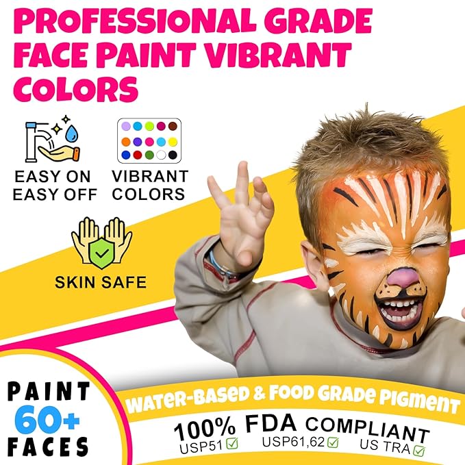 Face Painting Kit for Kids - 15 Colors Non-Toxic Water Based Face Paint with Stencils & Brushes - Parties, Birthdays, Halloween Face Body Makeup Kit