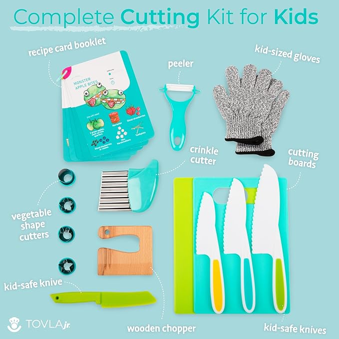 Toddler Safe Knife Set with Recipe Book - Includes Peeler, Cutting Board, and Chopper - Real Kitchen Tools for Kids Ages 4-12