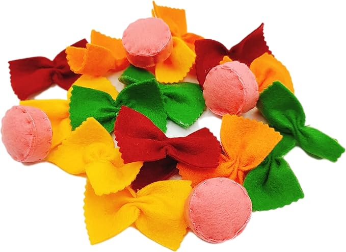 Felt play food Pasta farfalle with sausage for pretend play in kids kitchen, plush fake realistic bow tie (multi color farfalle, Small set (16 farfalle, 4 sausages))