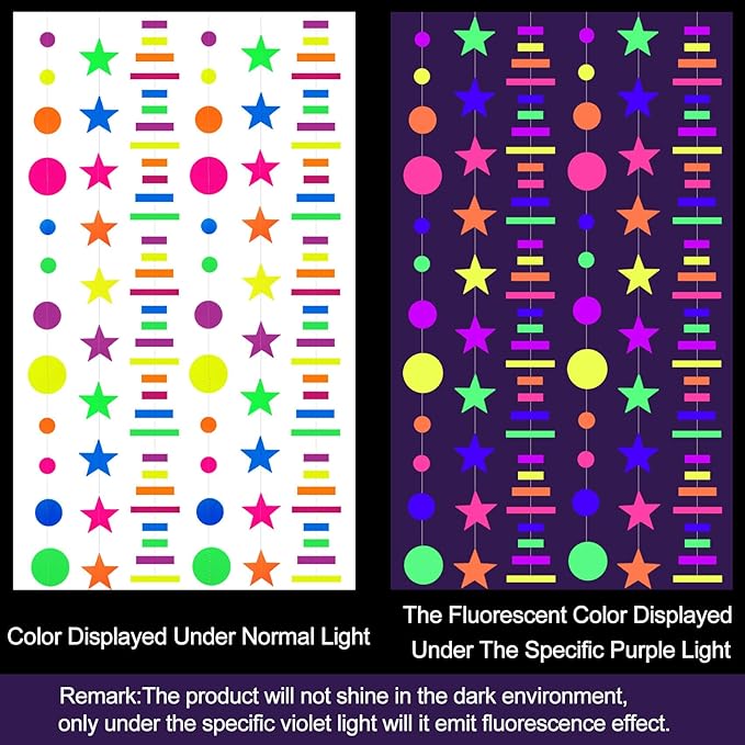 96ft UV Neon Paper Garland Round dot Star Rectangle kit Neon Decor Banners for Glow Party Supplies, UV Reactive Glow in The Dark Streamers for Birthday neon Party Decorations Black Party Supplies…