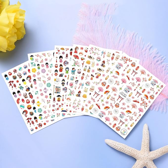 Japanese Style Nail Art Stickers, Cherry Blossoms Nail Art Decals 3D Self-Adhesive Flowers Nail Stickers Design Kimono Girl Mask Fan Nail Decal for Women Girls Manicure Decoration DIY Nail Sticker