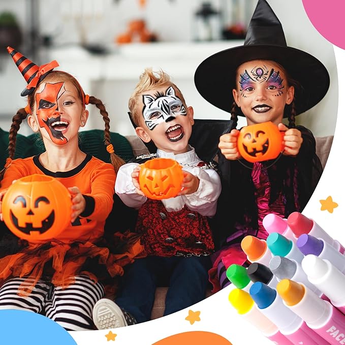 Face Painting Kit for Kids- 12 Vibrant Colors Face Paint Crayons- Safe and Washable Face Paint Sticks for Adults Kids Party, Halloween, Birthday Makeup