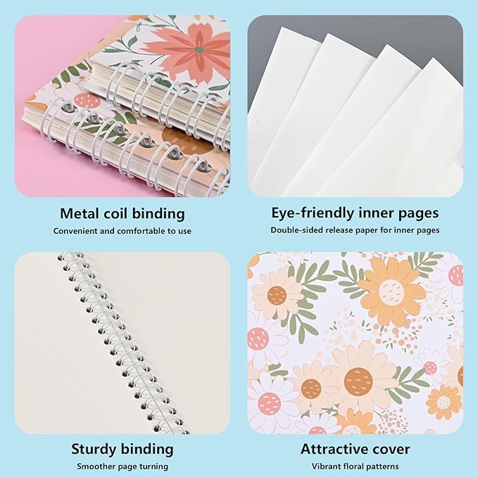 BetterJonny 4 Pcs Reusable Sticker Book Collecting Album Blank Sticker Storage Organizer Book, A5 Size 24 Inner Pages Per Album, Release Paper for Collecting Stickers, Labels(Aesthetic Flowers)