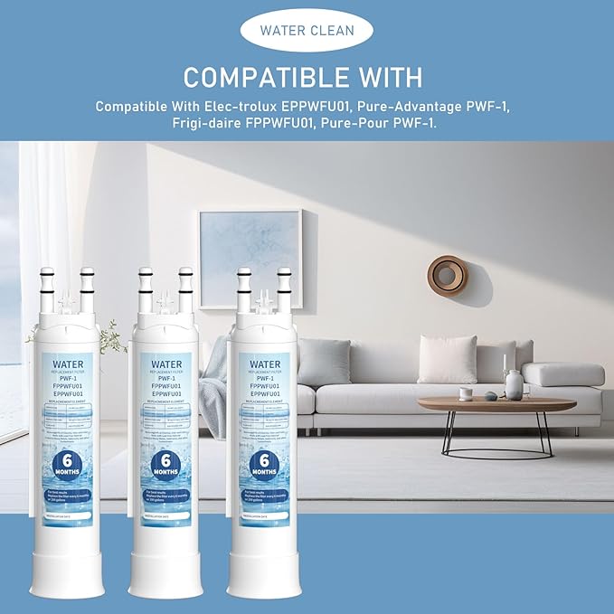 FPPWFU01 Water Filter Replacement Compatible With Frigidaire FPPWFU01 PurePour PWF-1, Electrolux EPPWFU01 PureAdvantage PWF-1 Water Filter, 3 Pack
