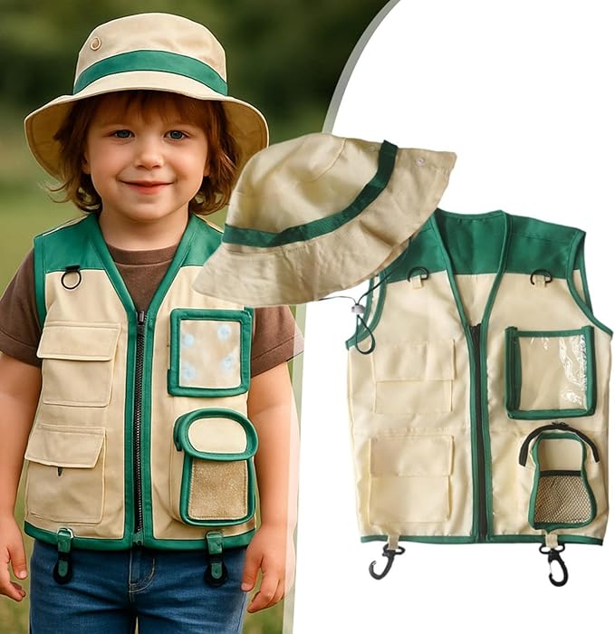 Kids Explorer Vest and Hat Outdoor Adventure Kit Role Play Costume for Fishing Paleontologist Hiking Birthday Gift, Green
