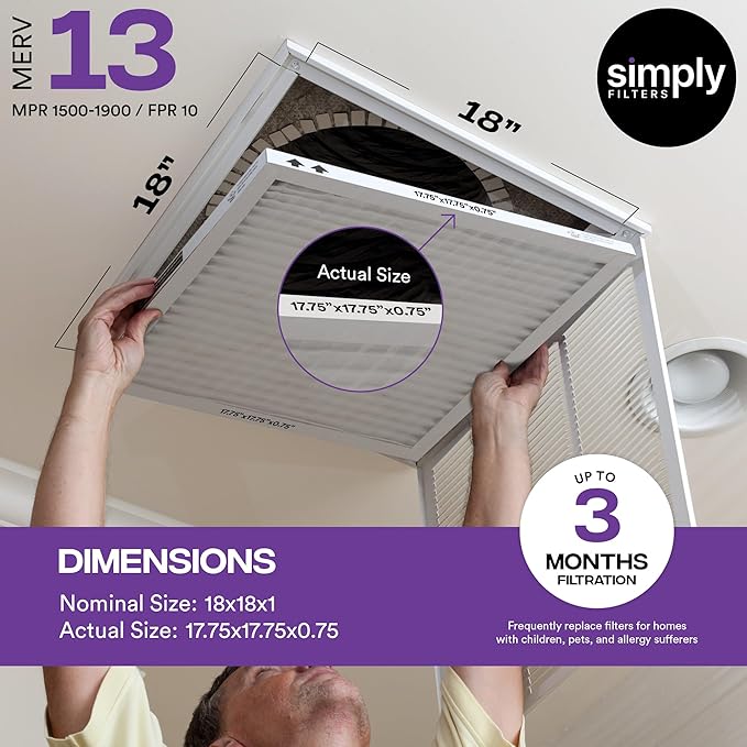 Simply 18x18x1 Air Filter, MERV 13, 4 Pack, For Home AC Furnace & HVAC (Actual Size: 17.75"x17.75"x0.75") DUST, Pet, & Allergy Control