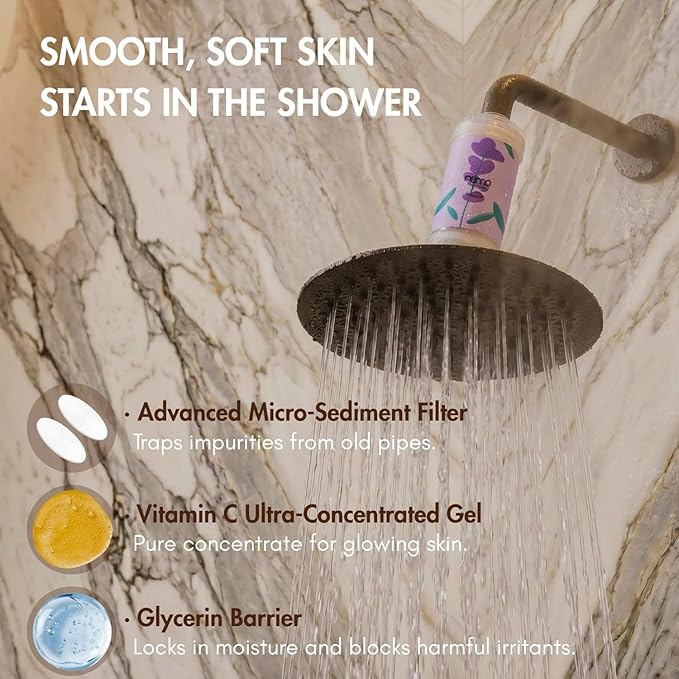 NEMOFILTER Vitamin C Shower Filter for Hard Water, Chlorine & Heavy Metal Removal, Reduces Dry Itchy Skin and Frizzy Hair, Aromatherapy Softener, Easy Install, Lavender, 150g