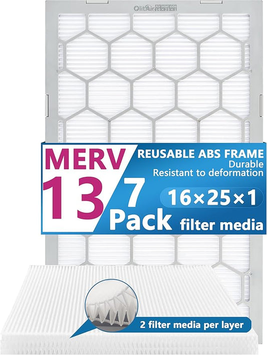 16x25x1 MERV 13 Air Filter,AC Furnace Air Filter,Reusable ABS Plastic Frame, 7 Pack Replaceable Filter Media (Actual Size: 15 3/4" x 24 3/4" x 3/4")