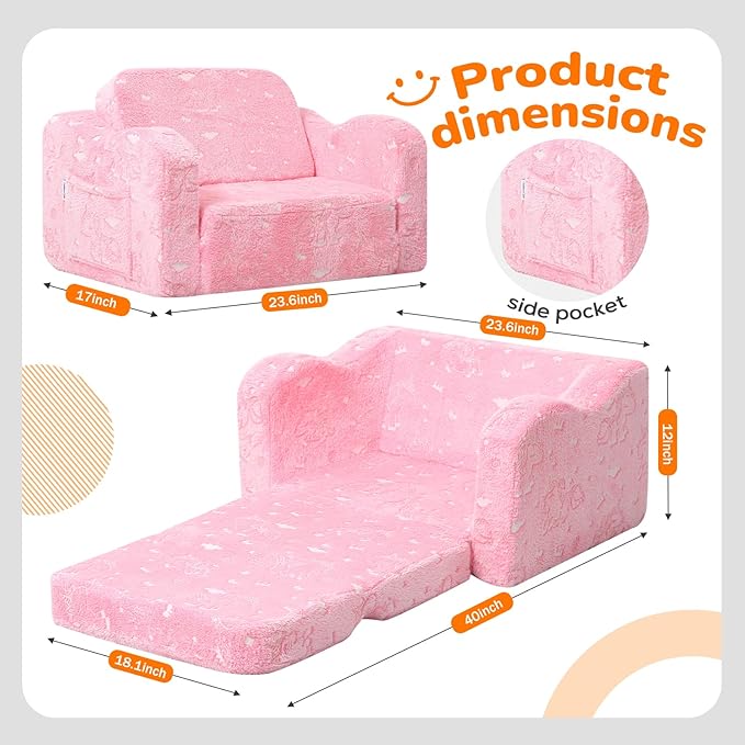 MeMoreCool Glowing Unicorn Kids Chair, 2-in-1 Glow in the Dark Kids Couch Fold Out to Lounger, Comfy Kids Couch for Ages 1-3, Soft Foam Kids Sofa with Washable Cover for Playroom, Girls Boys | Reading, Relaxing