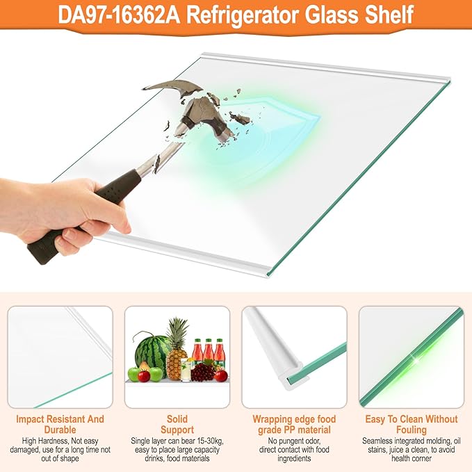 UPGRADED DA97-16362A Refrigerator Glass Shelf Compatible with Samsung Fridge Shelf Replacement Parts RS22T5201SR Shelves RS22T5561SR RS22T5561SG RS23A500ASR DA97-16362T Upper Tempered Glass Shelves