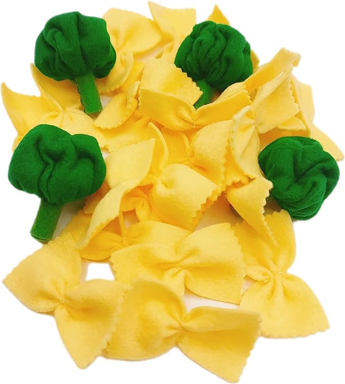 Pasta with broccoli, farfalle, bow tie pasta, felt play food for kids kitchen, pretend play for kids (beige, set 4 (farfalle, broccoli))