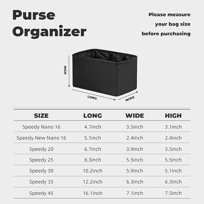 Purse Handbag Silky Organizer Insert Keep Bag Shape Fits LV Speedy 16/20/25/30/35/45 bags, Luxury Handbag Tote Lightweight Sturdy(Black, Speedy16)