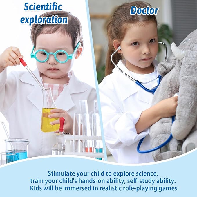 Doctor Costume for Kids, Toddler Doctor Lab Coat with Kids Stethoscope, Halloween Scientist Costume for Boys Girls