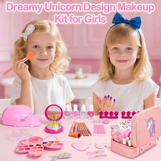 Kids Makeup & Nail Kit for Girls, Washable Cosmetic with Unicorn Storage Case, Kids Play Makeup Set, Girls Nail Polish and Press on Nails for Girl Birthday Gift 8 10 11 12+