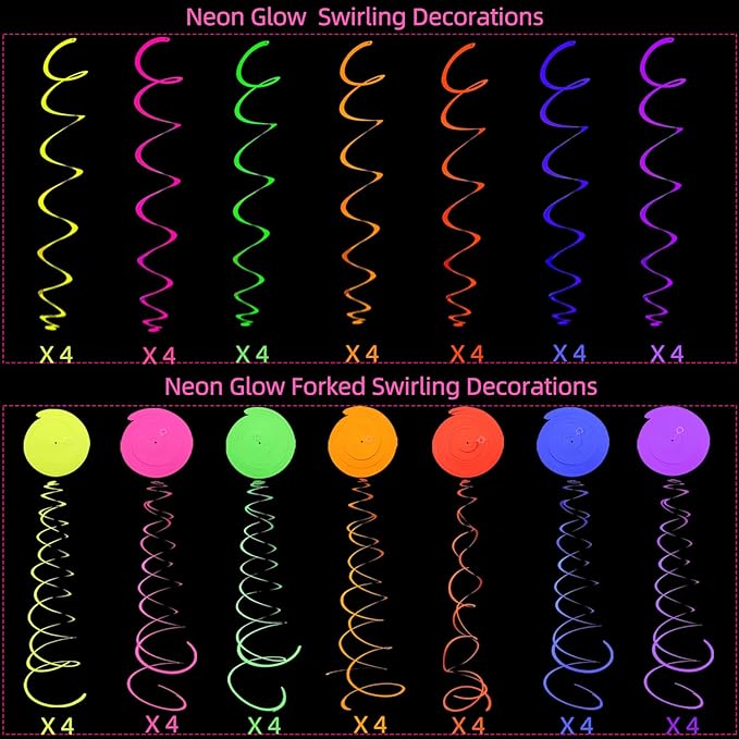 56 PCS UV Colorful Ceiling Swirl Decoration Hanging Paper Neon Streamer for Ceiling Neon Garlands Black Light Neon Decorations for Dark Glow Party Supplies and Decorations Birthday Neon Party Favors