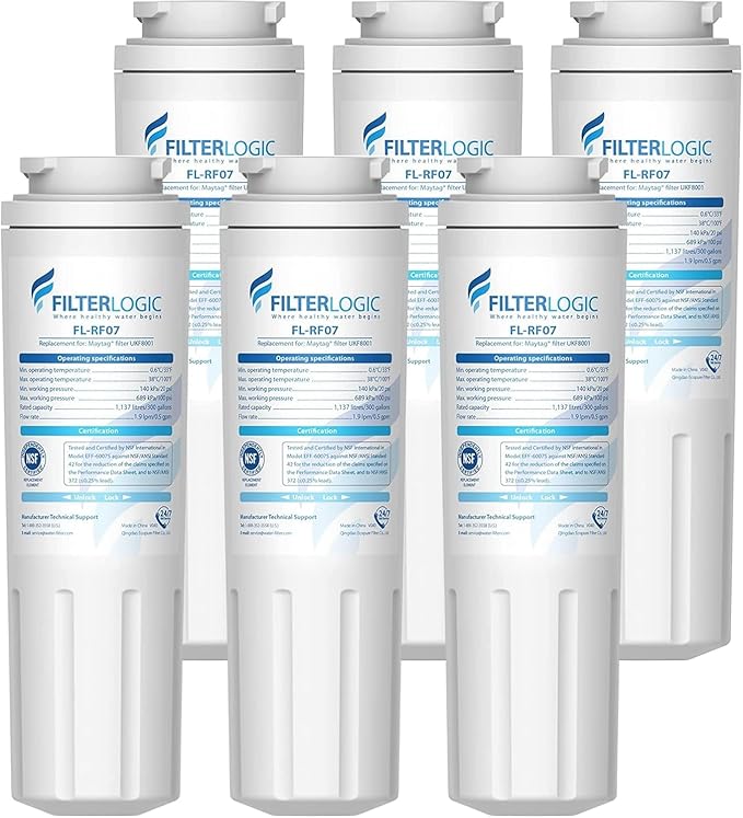Filterlogic UKF8001 Replacement for EveryDrop® Filter 4, Whirlpool® EDR4RXD1, Maytag® 4396395, UKF8001AXX-200, UKF8001AXX-750, 46-9006, Puriclean II, FMM-2, Refrigerator Water Filter, 6 Pack