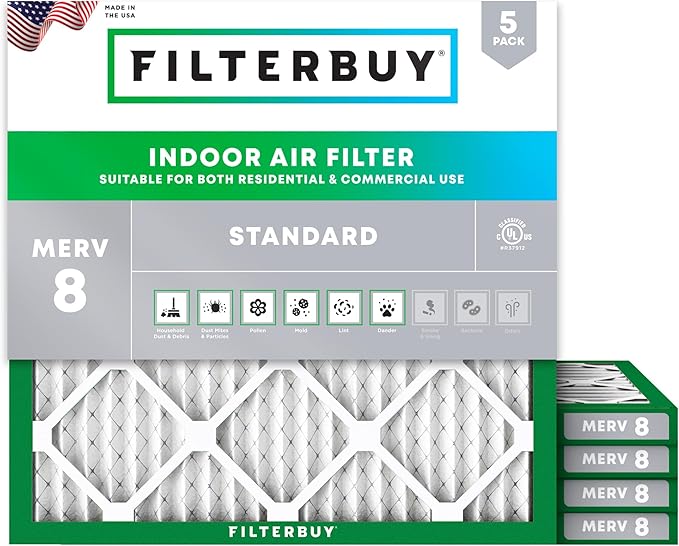 Filterbuy 23.5x23.5x1 Air Filter MERV 8 Essential Dust & Allergy Defense (5-Pack), Electrostatic Pleated HVAC AC Furnace Filters Replacement (Actual Size: 23.38 x 23.38 x 0.75)
