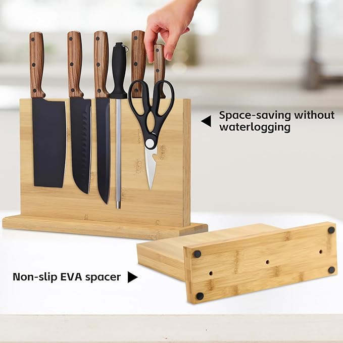 Double Sided Bamboo Magnetic Knife Stand,Kitchen Storage with Strong Magnets for Knives & Utensils,Modern Wooden Knife Block for Kitchen Countertops, Without Knives,10.9"x7"