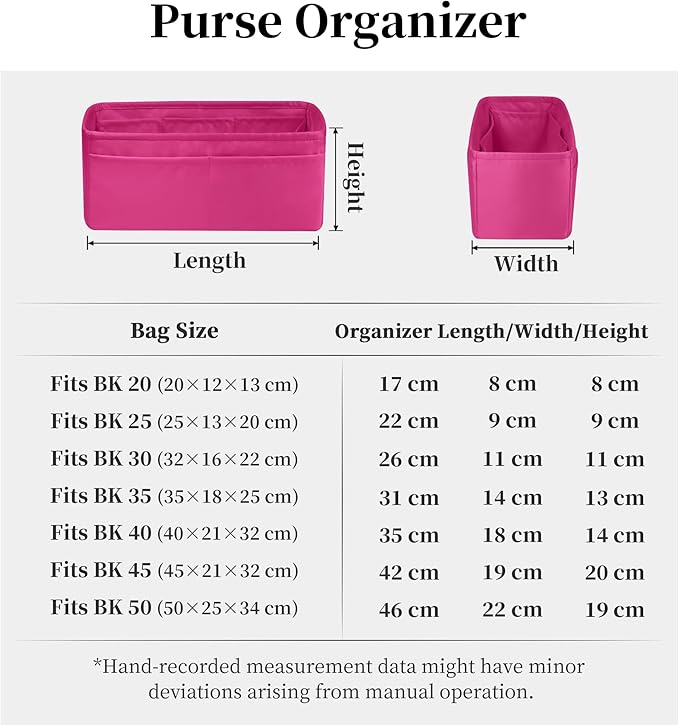 Purse Organizer Insert for Birkin 20, Lightweight & Soft Satin Organizer Insert with Pockets for Woman Bags, Ideal for Travel, Shopping, and Daily Use, Multicolor Options(Rose shocking, BK20)