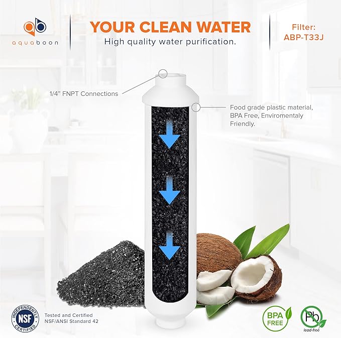 Aquaboon T33 Inline Carbon Filter - 1/4 Inline Water Filter for Refrigerator T33 Inline Ro Post/Granular Activated Carbon (GAC) Polishing Water Filter Cartridge for Reverse Osmosis System 2-Pack
