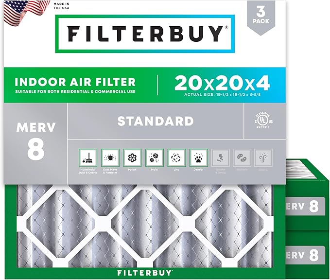 Filterbuy 20x20x4 Air Filter MERV 8 Essential Dust & Allergy Defense (3-Pack), Electrostatic Pleated HVAC AC Furnace Filters Replacement (Actual Size: 19.50 x 19.50 x 3.63)