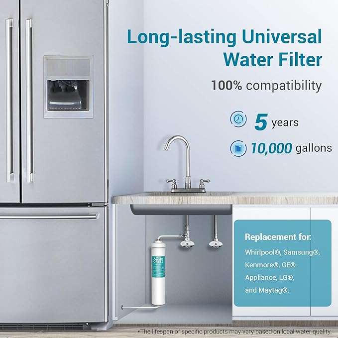 AQUA CREST INL-PLUS 5 years Inline Water Filter for Refrigerator and Ice Maker, High Capacity, 1/4-Inch Direct Connect Fittings, Easy Installation, Reduces Chlorine, Sediment, Bad Taste & Odor
