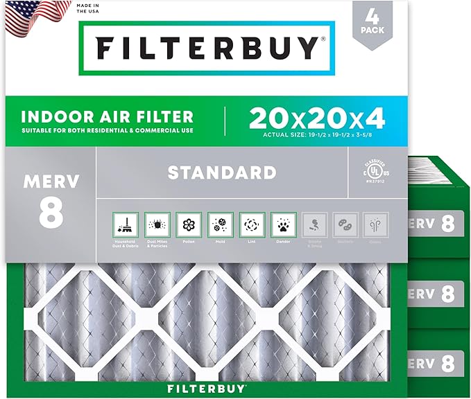 Filterbuy 20x20x4 Air Filter MERV 8 Essential Dust & Allergy Defense (4-Pack), Electrostatic Pleated HVAC AC Furnace Filters Replacement (Actual Size: 19.50 x 19.50 x 3.63)
