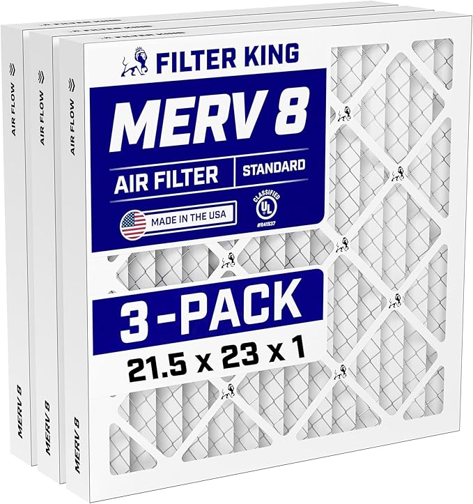 Filter King 21.5x23x1 Air Filter (MERV 8) (3-Pack) Dust & Allergy Control AC Furnace Filters, MADE IN USA, HVAC, Pleated, Electrostatic (Actual Size: 21.5 x 23 x .75)
