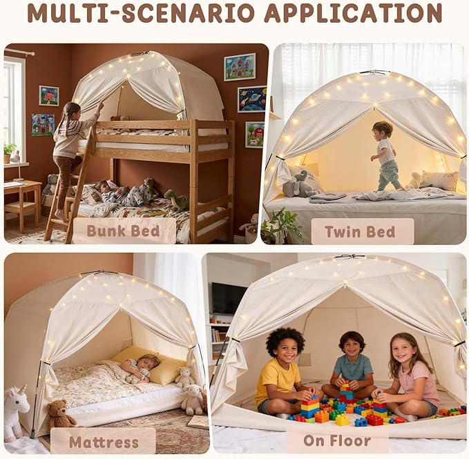 Twin Bed Tent for Kids, Indoor Play Tent with Star Lights, Cozy Privacy Space Birthday Gift for Boys & Girls