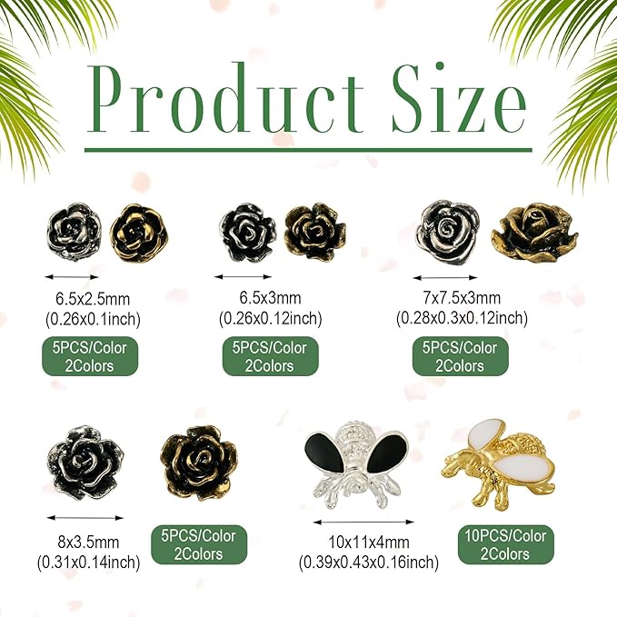60Pcs Y2K Nail Charms Antique 3D Alloy Rose Bee Nail Cabochons Nails Art Charms Flower Nails Stickers Enamel Bee Charm for Women DIY Manicures Crafts Jewelry Making